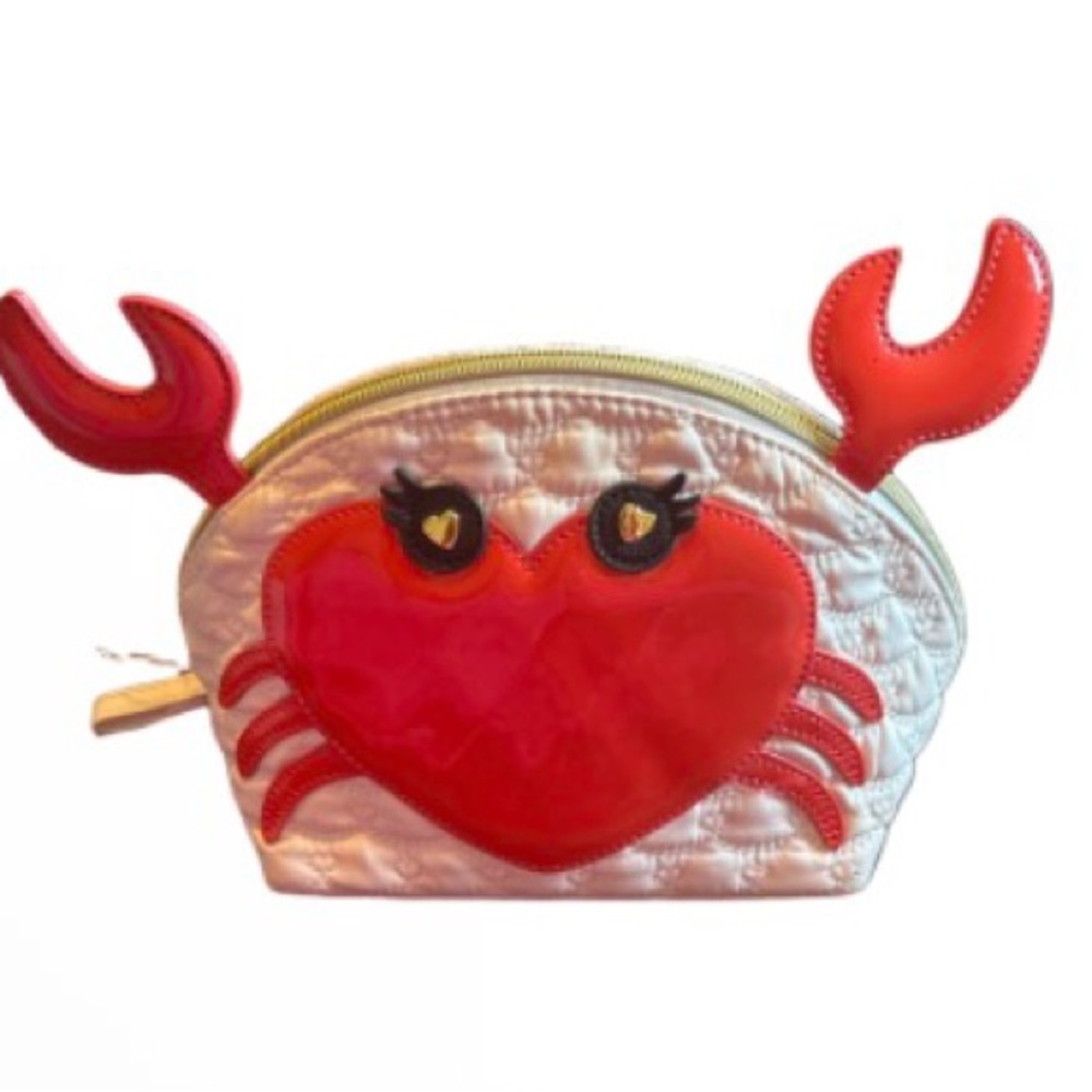 Betsey Johnson White Quilted Cosmetic Pouch with Red Crab patent Applique